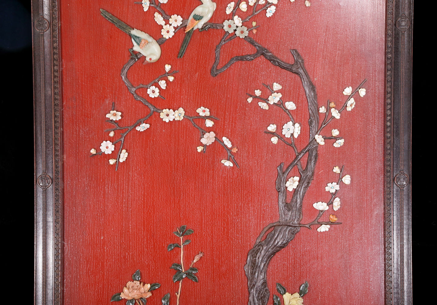 An exquisite zitanwood wood lacquer-embedded hanging screen with landscape, flower and bird patterns