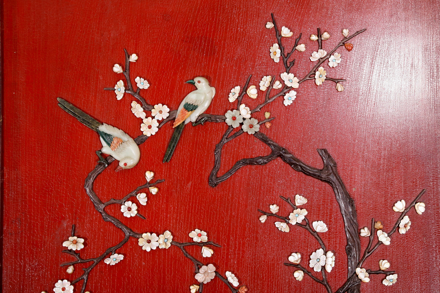 An exquisite zitanwood wood lacquer-embedded hanging screen with landscape, flower and bird patterns