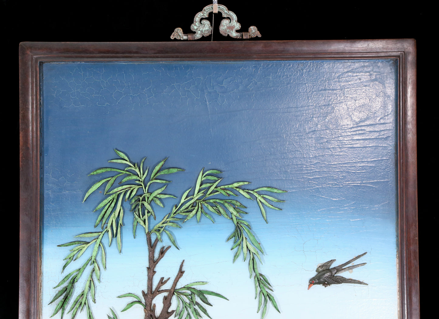 An exquisite zitanwood painted and painted hanging screen with inlaid gems and landscapes, flowers and birds.