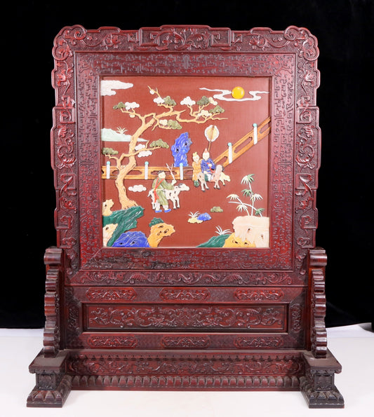 An exquisite huanghuali wood lacquered, gold-embedded, landscape and figure table screen