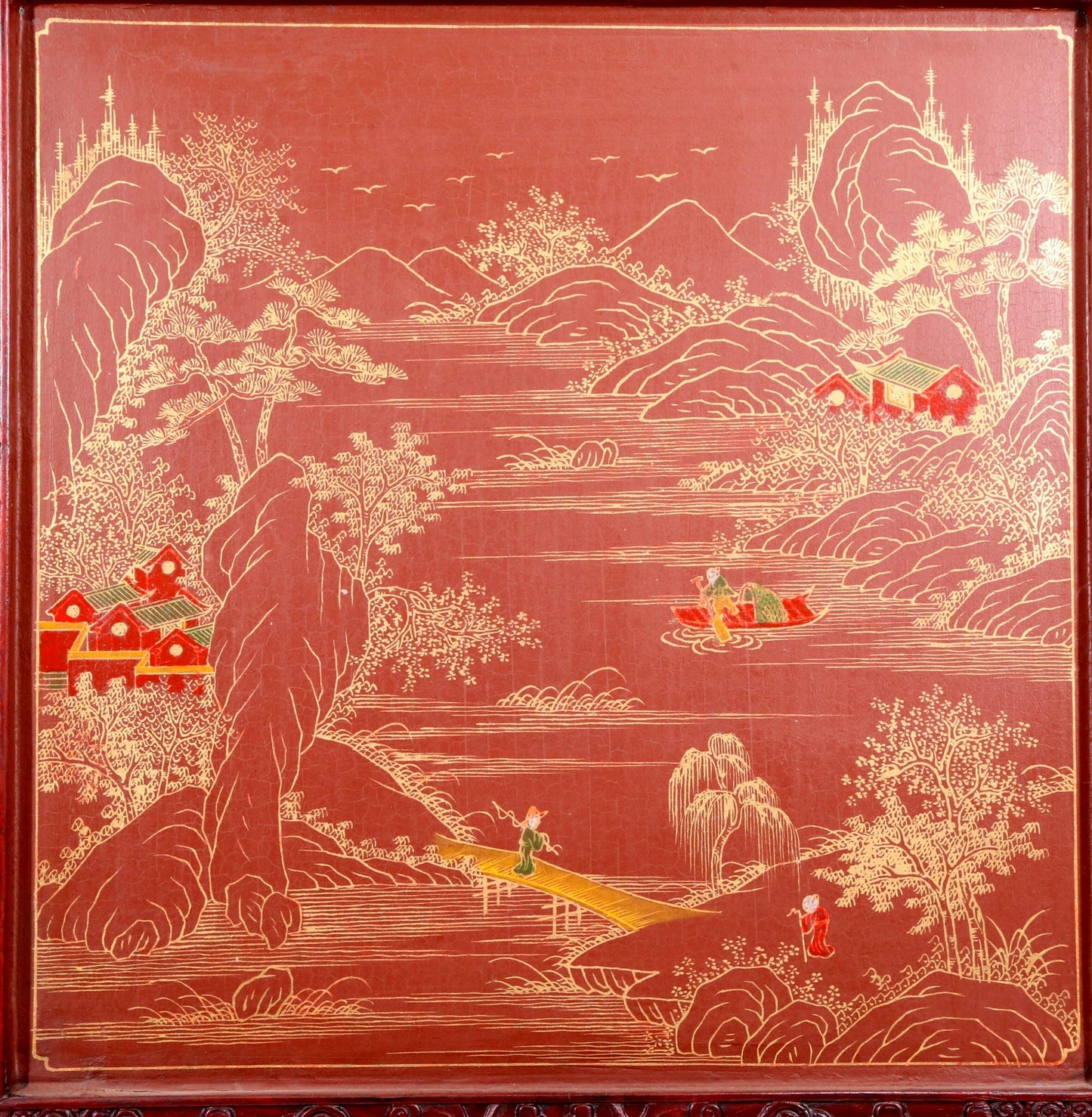 An exquisite huanghuali wood lacquered, gold-embedded, landscape and figure table screen