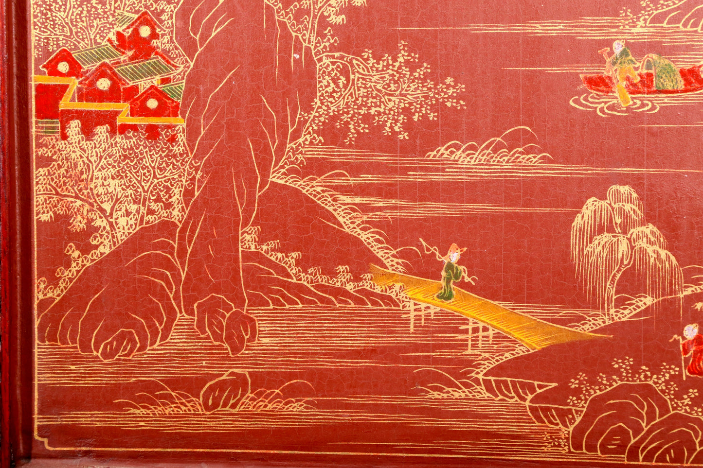 An exquisite huanghuali wood lacquered, gold-embedded, landscape and figure table screen