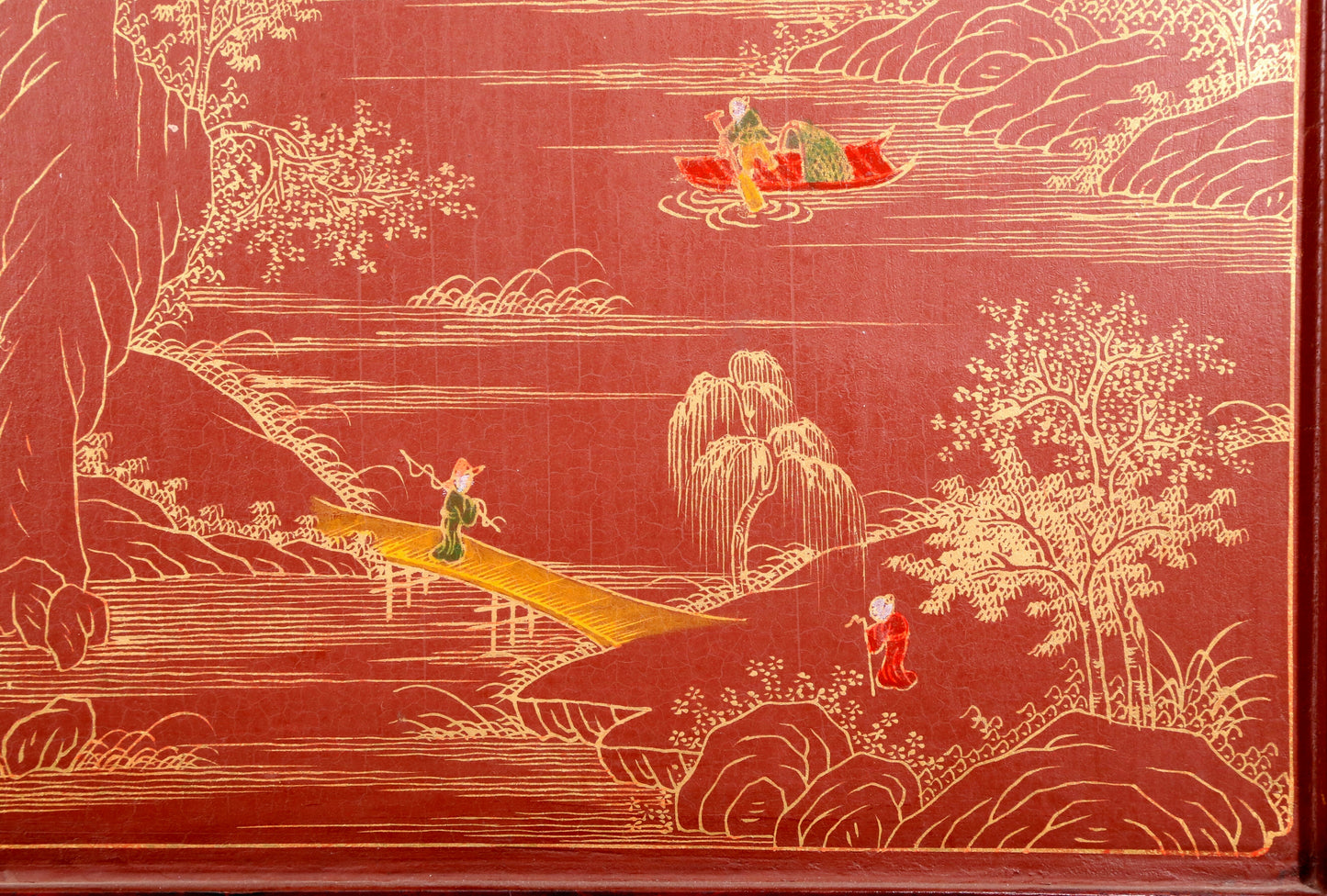 An exquisite huanghuali wood lacquered, gold-embedded, landscape and figure table screen