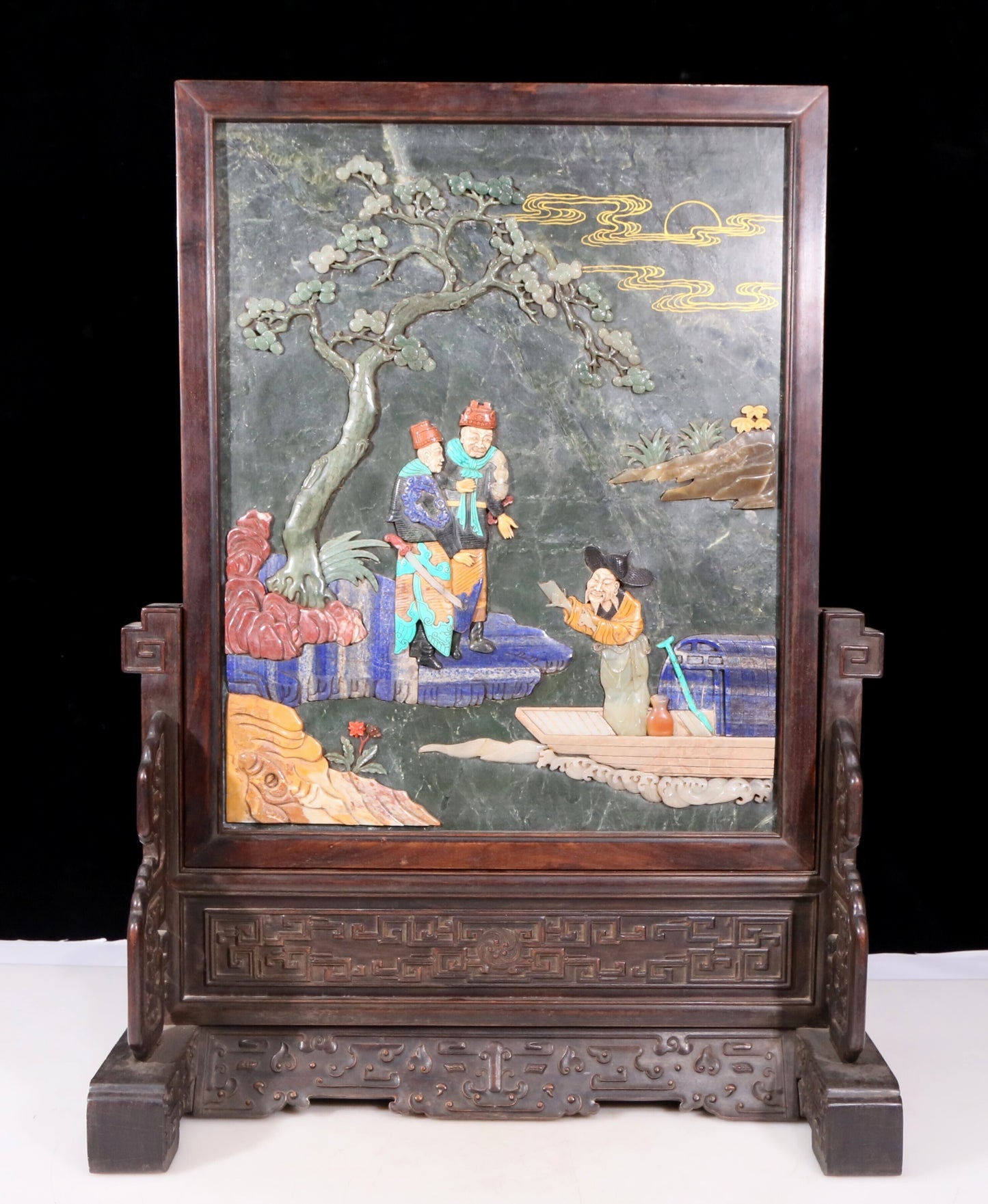 An exquisite zitanwood inlaid with jasper, gold inlaid with gems, landscape and figures pattern table screen