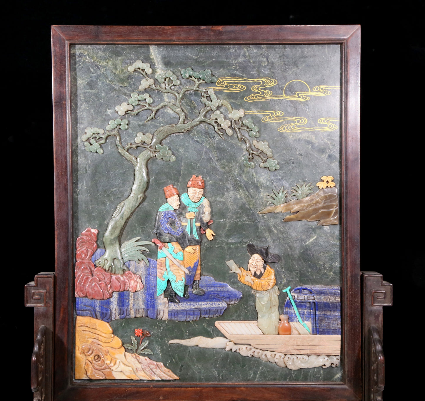 An exquisite zitanwood inlaid with jasper, gold inlaid with gems, landscape and figures pattern table screen