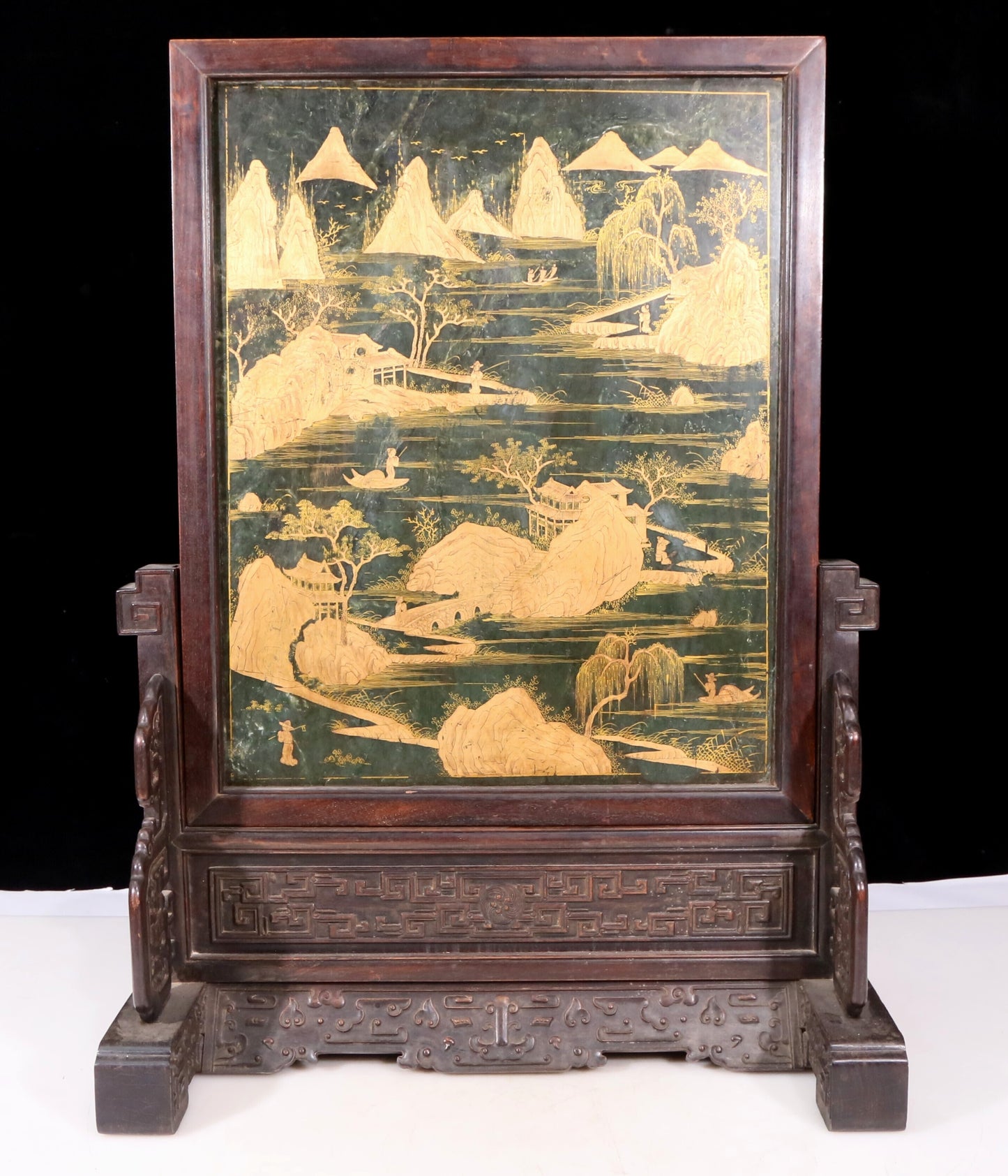 An exquisite zitanwood inlaid with jasper, gold inlaid with gems, landscape and figures pattern table screen