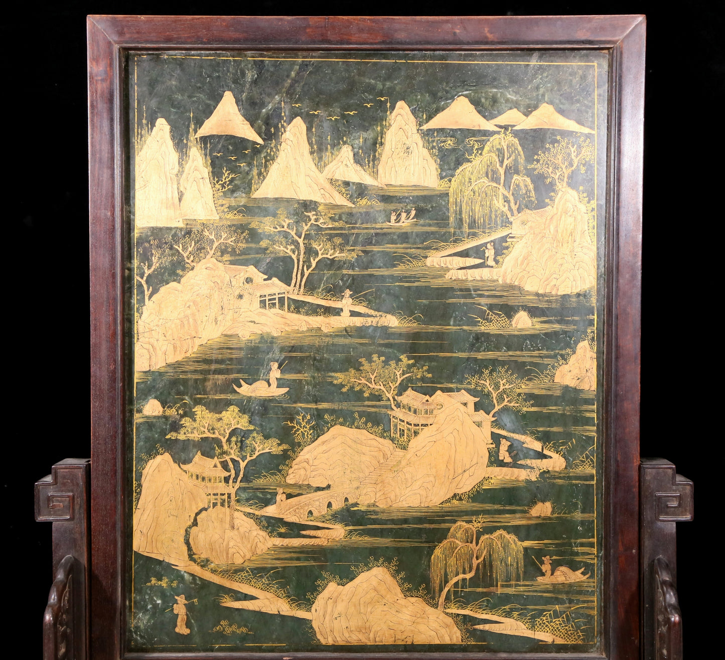 An exquisite zitanwood inlaid with jasper, gold inlaid with gems, landscape and figures pattern table screen