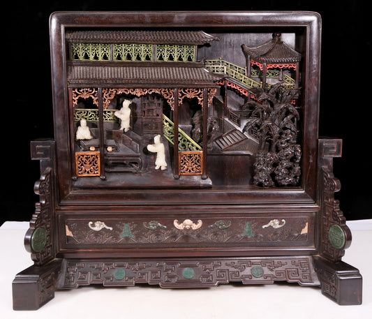 An exquisite zitanwood table screen filled with lacquer, painted with gold and inlaid with white jade with landscape and figure patterns.