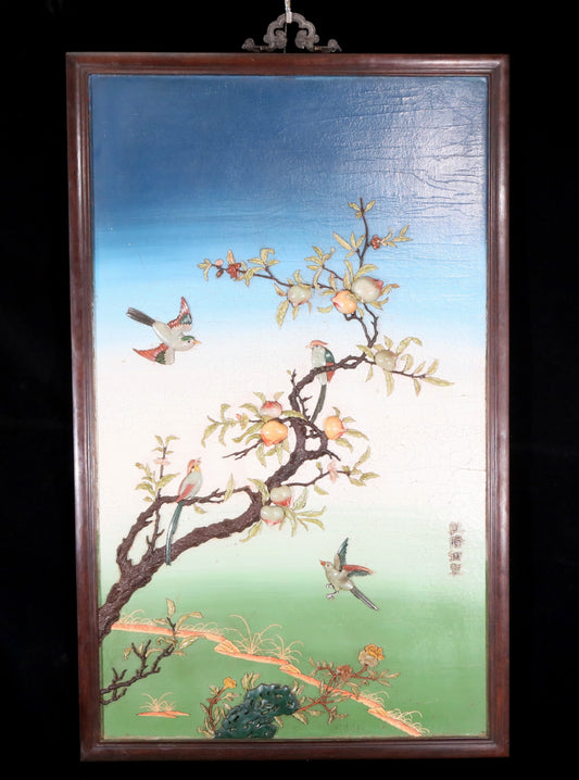 An exquisite zitanwood painted and painted hanging screen with inlaid gems and landscapes, flowers and birds.