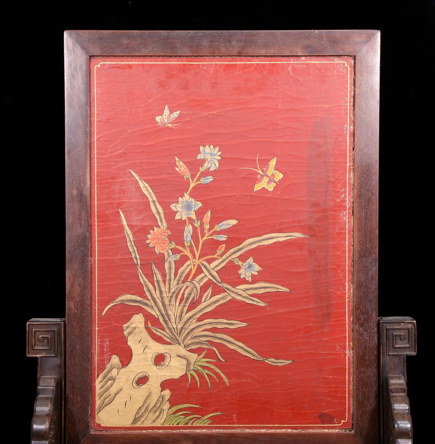 An exquisite zitanwood lacquered, gold-embedded, flower-and-bird pattern table screen