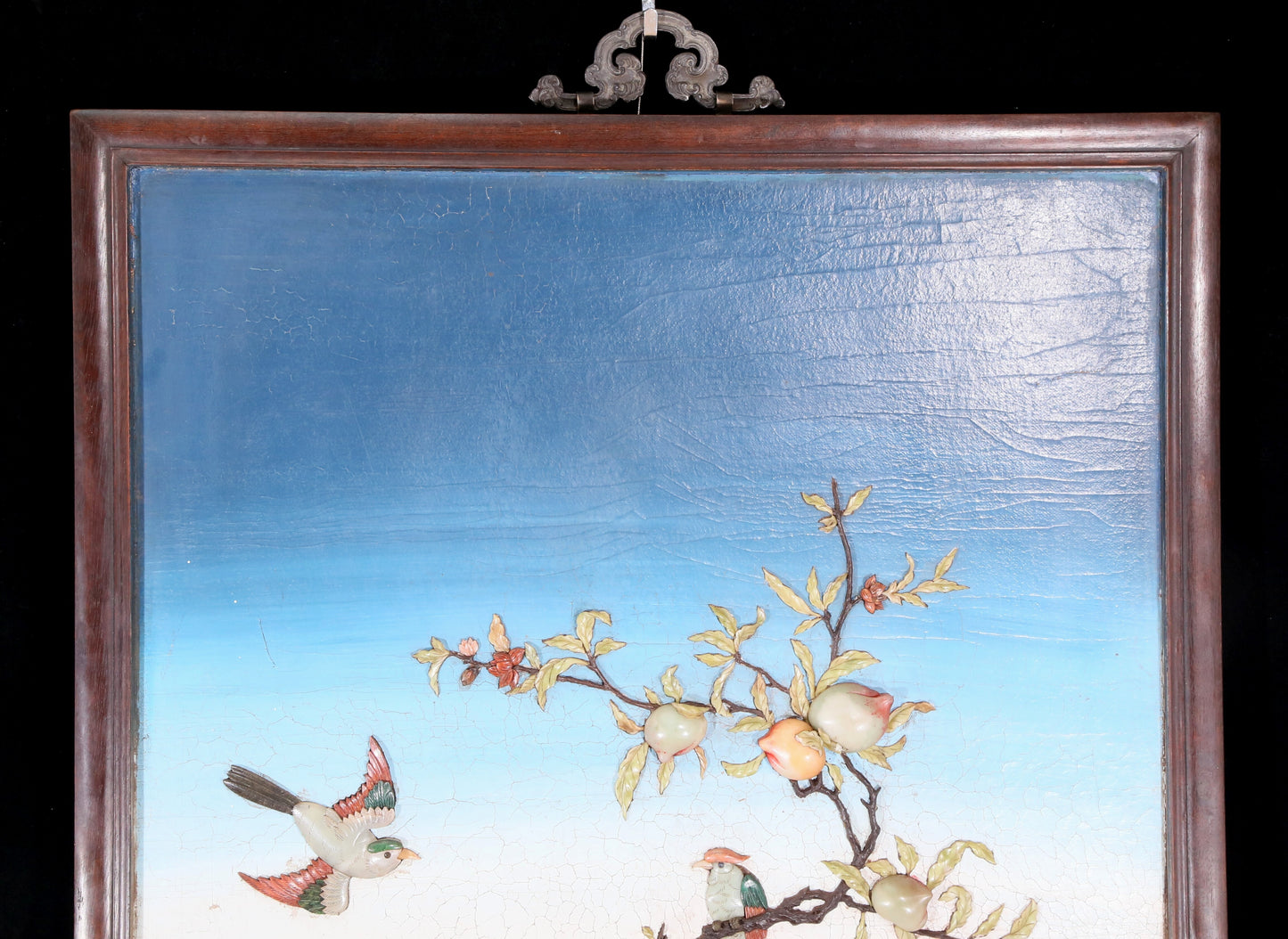 An exquisite zitanwood painted and painted hanging screen with inlaid gems and landscapes, flowers and birds.