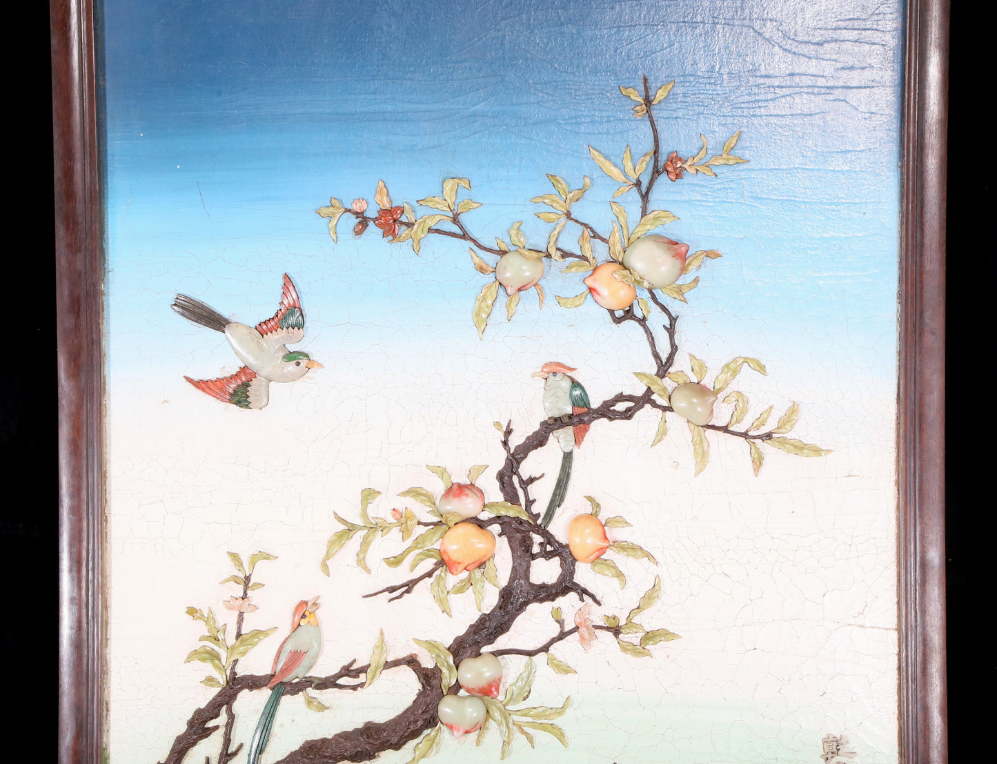 An exquisite zitanwood painted and painted hanging screen with inlaid gems and landscapes, flowers and birds.