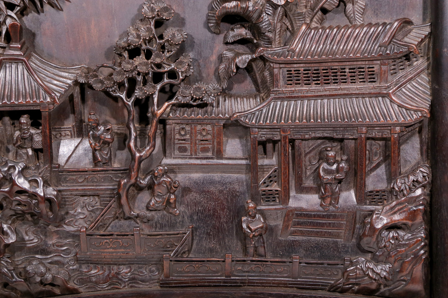 An exquisite zitanwood table screen with landscape and figure patterns