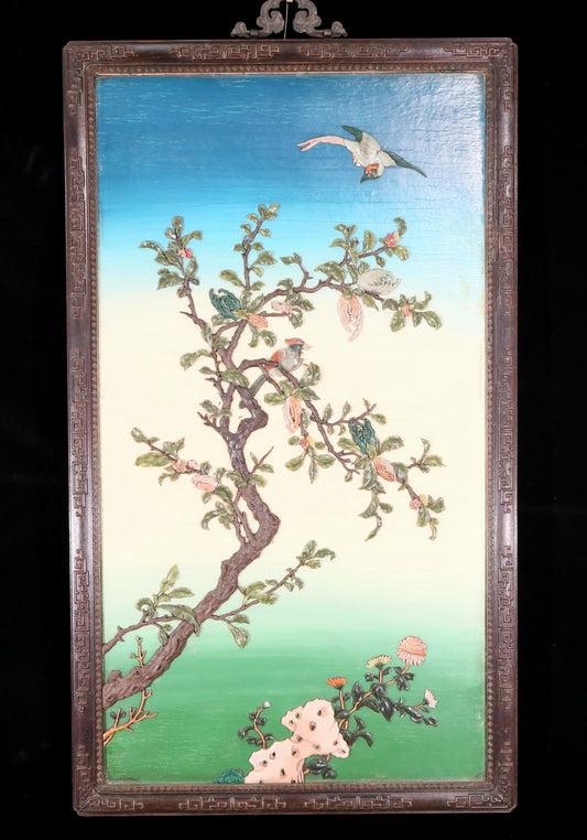 An exquisite zitanwood painted and painted hanging screen with inlaid gems and landscapes, flowers and birds.