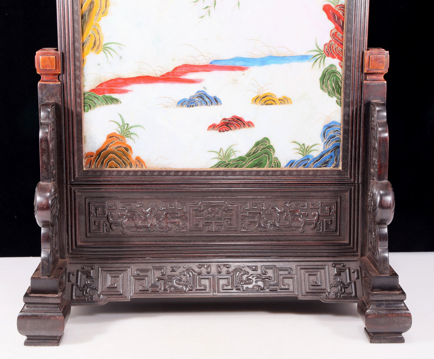 An exquisite zitanwood lacquered, gold-embedded, character-patterned table screen