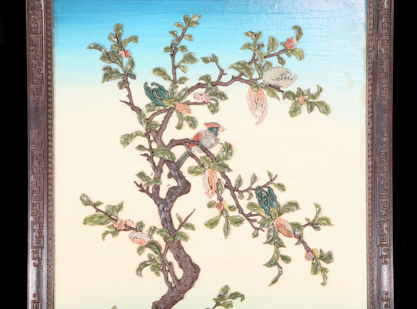 An exquisite zitanwood painted and painted hanging screen with inlaid gems and landscapes, flowers and birds.