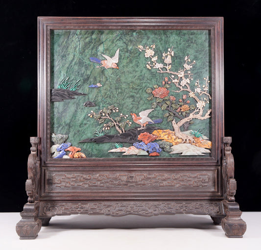 An exquisite zitanwood inlaid with jasper, gold and gemstone flower and bird pattern table screen