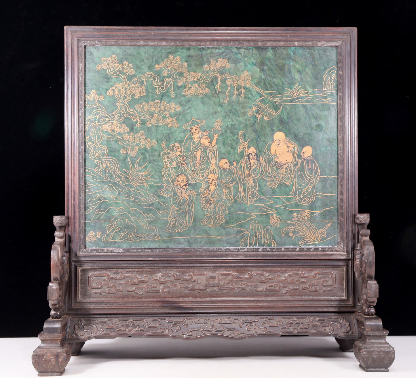 An exquisite zitanwood inlaid with jasper, gold and gemstone flower and bird pattern table screen