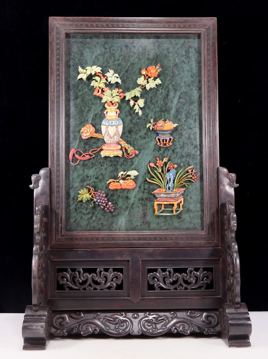 An exquisite zitanwood inlaid with jasper and gold inlaid gemstone vase pattern table screen