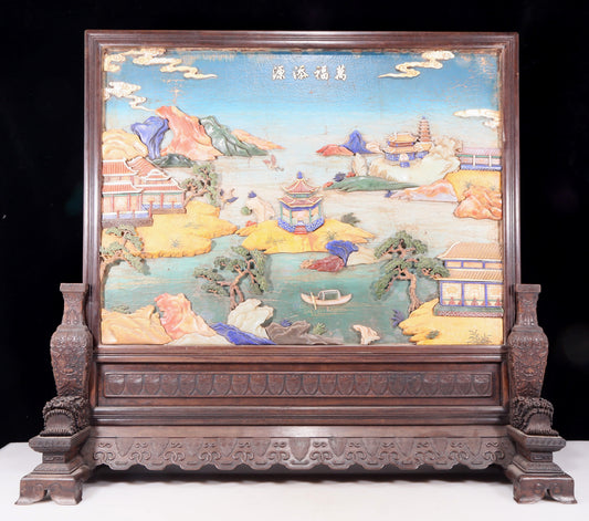 An exquisite zitanwood lacquered, gold-embedded and gem-set courtyard pavilion pattern table screen