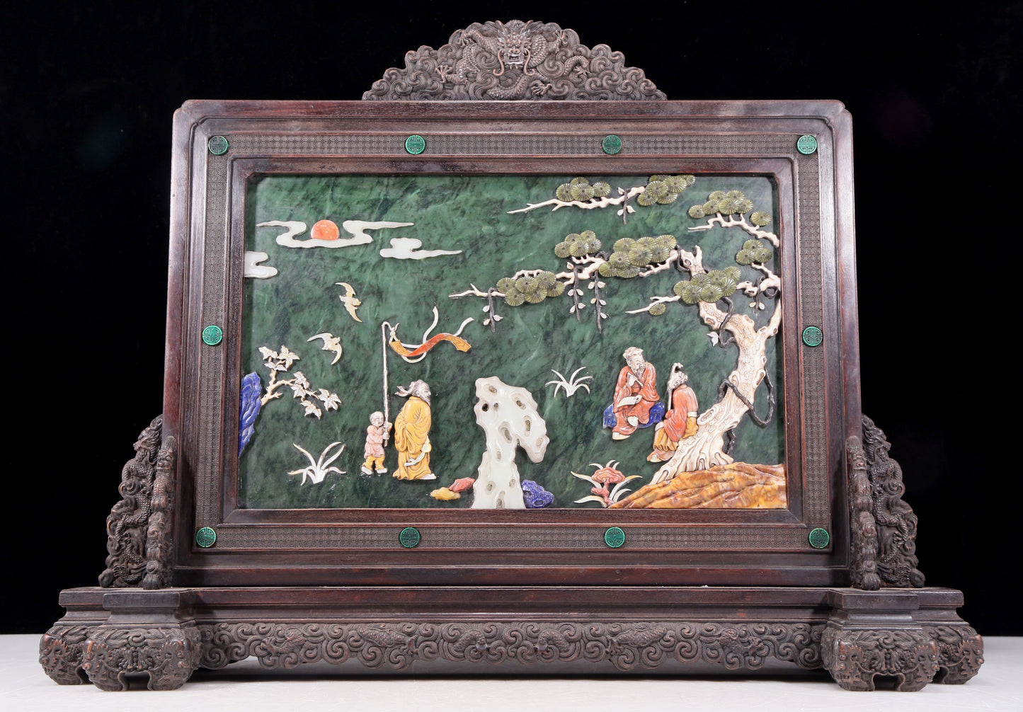 An exquisite zitanwood inlaid with jasper, gold inlaid with gems, landscape and figures pattern table screen