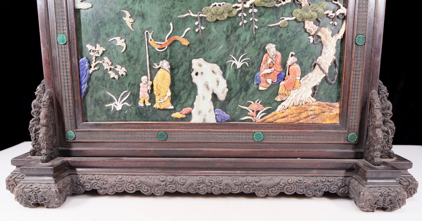 An exquisite zitanwood inlaid with jasper, gold inlaid with gems, landscape and figures pattern table screen