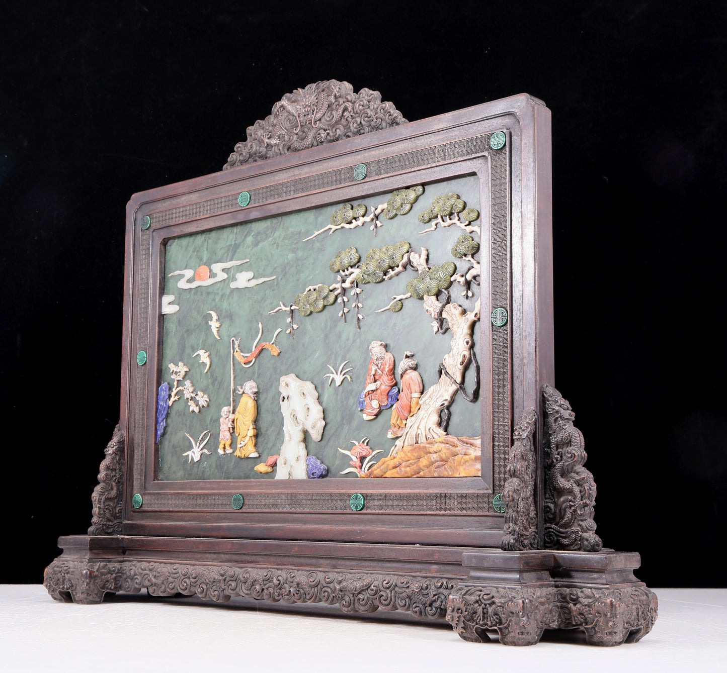 An exquisite zitanwood inlaid with jasper, gold inlaid with gems, landscape and figures pattern table screen