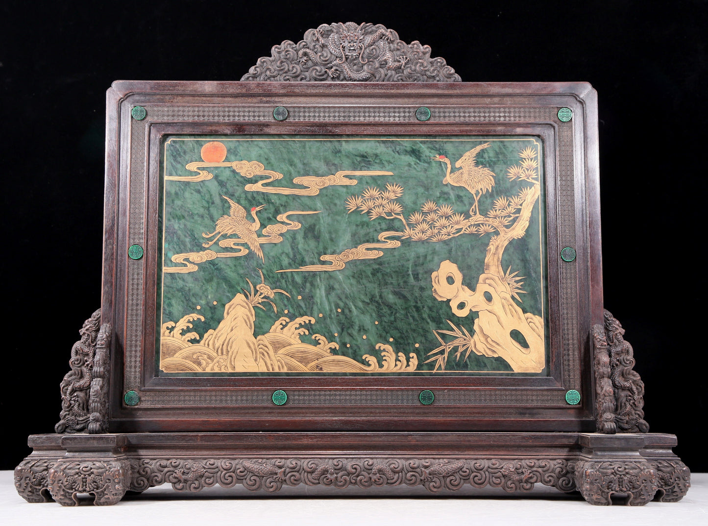 An exquisite zitanwood inlaid with jasper, gold inlaid with gems, landscape and figures pattern table screen