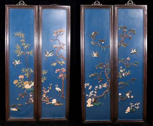 A set of exquisite zitanwood painted four-bar hanging screens inlaid with gems and flowers and birds.