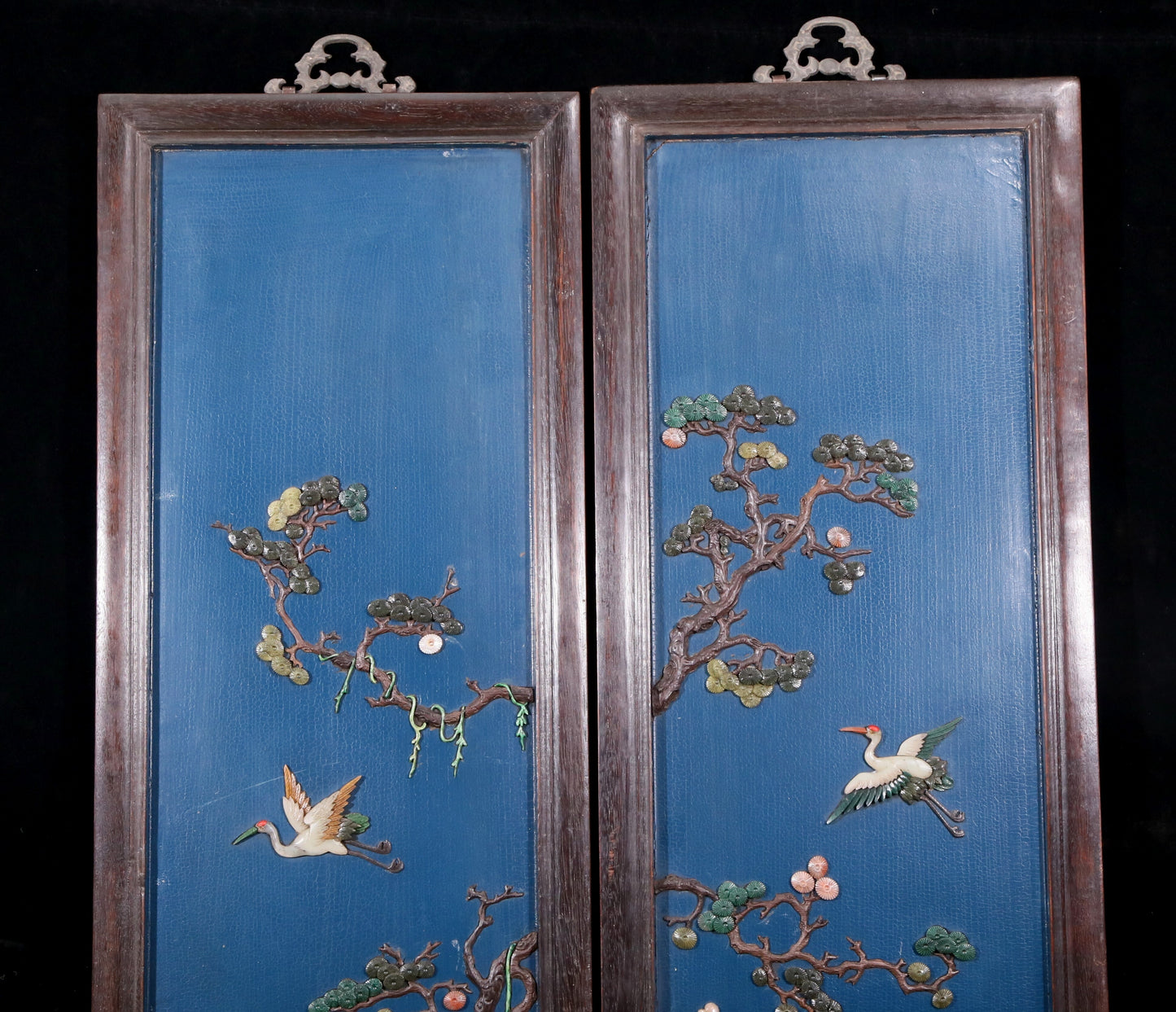 A set of exquisite zitanwood painted four-bar hanging screens inlaid with gems and flowers and birds.