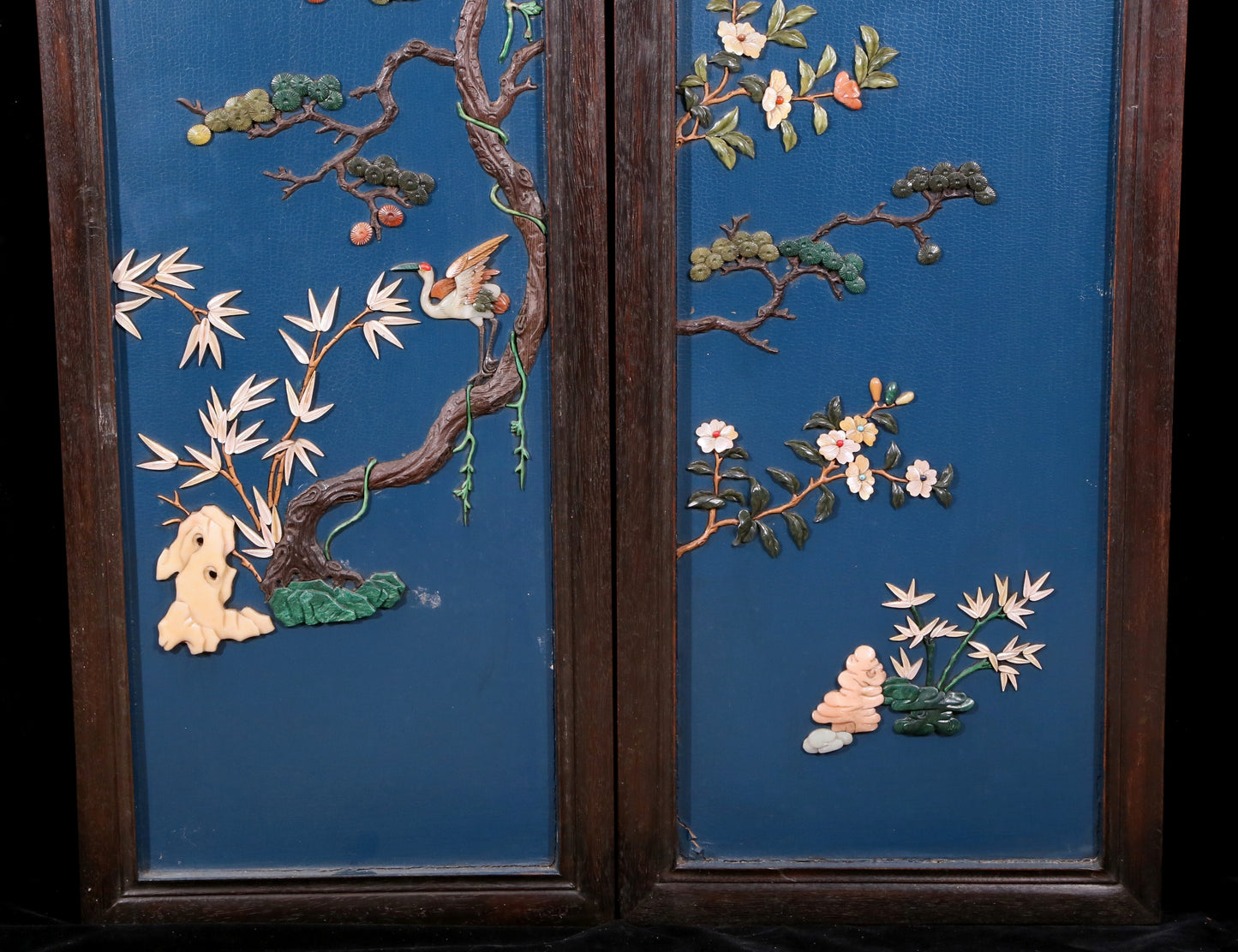 A set of exquisite zitanwood painted four-bar hanging screens inlaid with gems and flowers and birds.