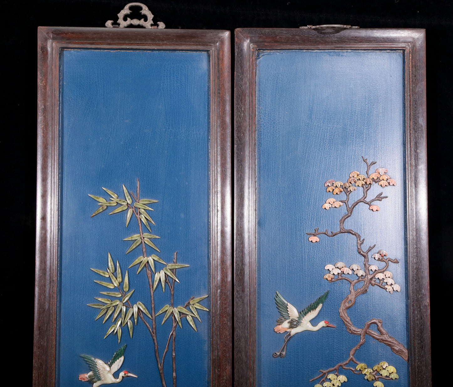 A set of exquisite zitanwood painted four-bar hanging screens inlaid with gems and flowers and birds.