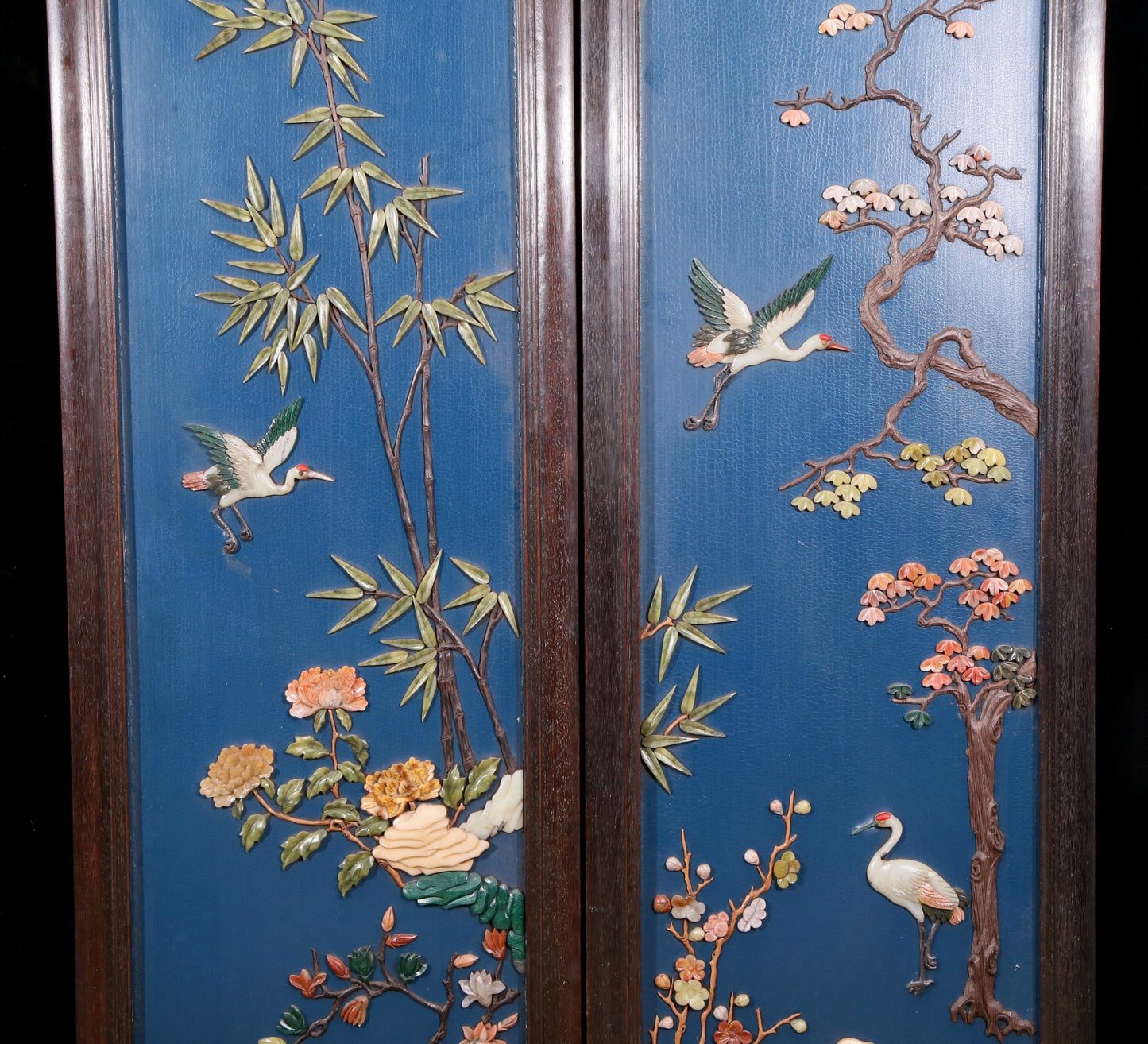 A set of exquisite zitanwood painted four-bar hanging screens inlaid with gems and flowers and birds.