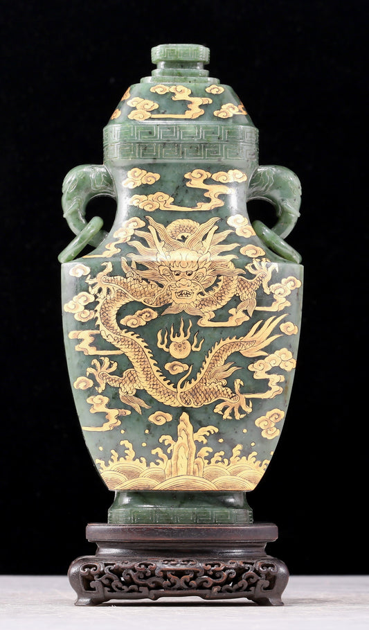 A perfect jasper bottle with golden dragon pattern and elephant ear cap