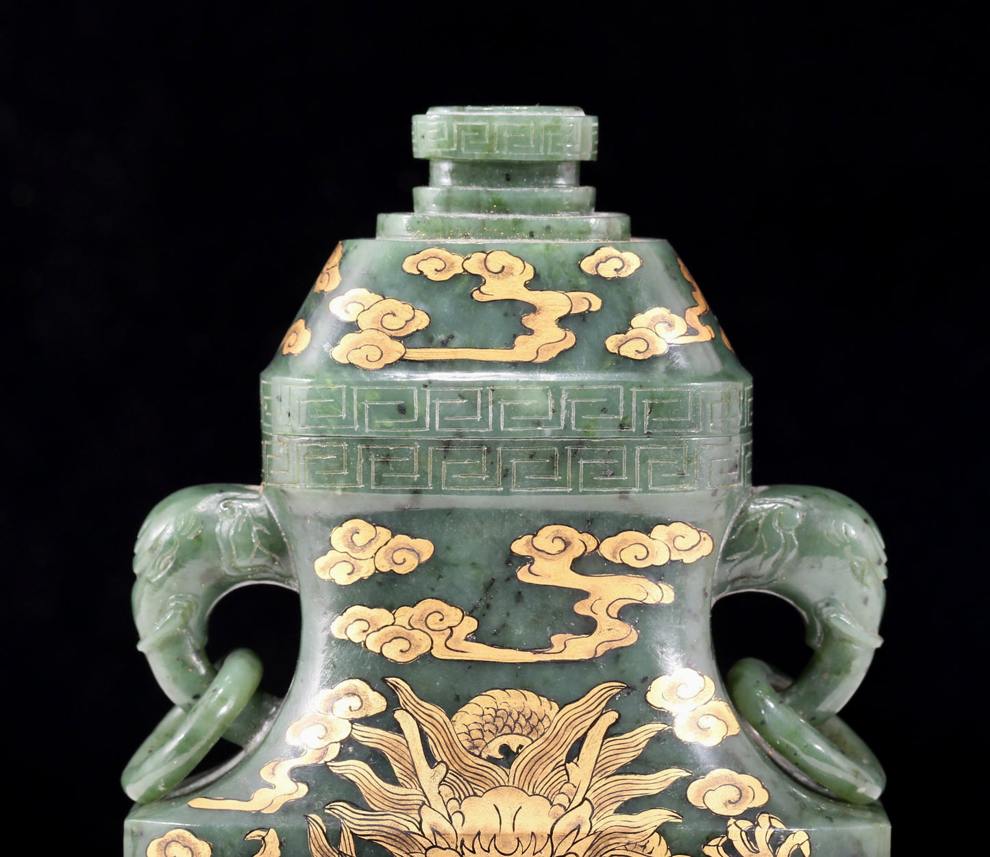 A perfect jasper bottle with golden dragon pattern and elephant ear cap