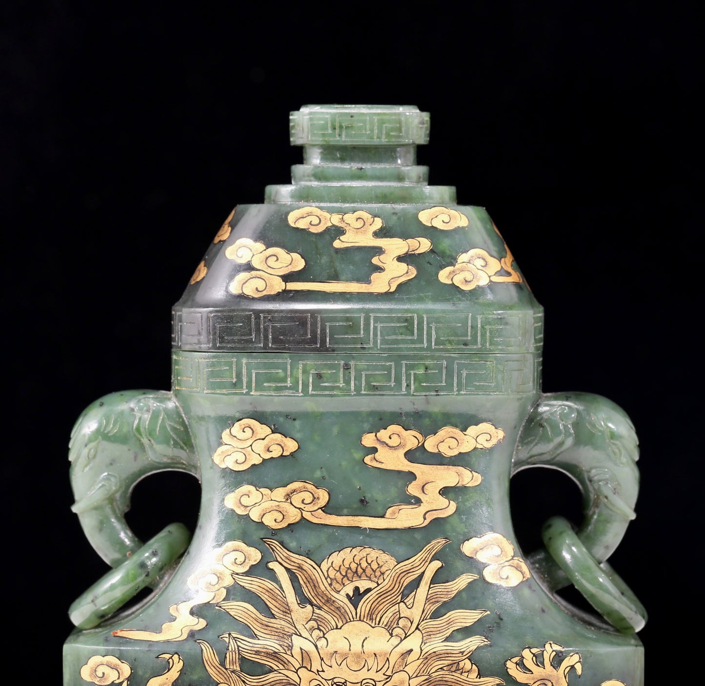 A perfect jasper bottle with golden dragon pattern and elephant ear cap