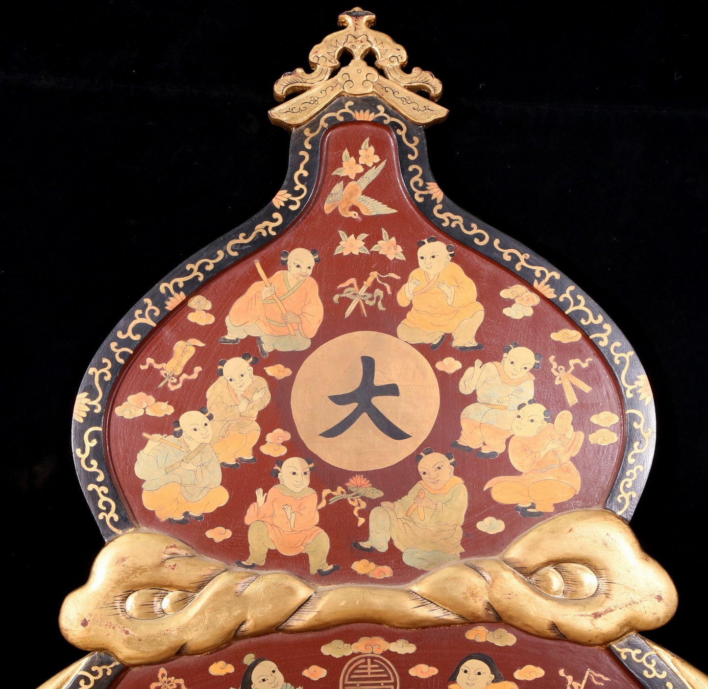 A pair of exquisite zitanwood painted figures with festive patterns and gourd hanging screens