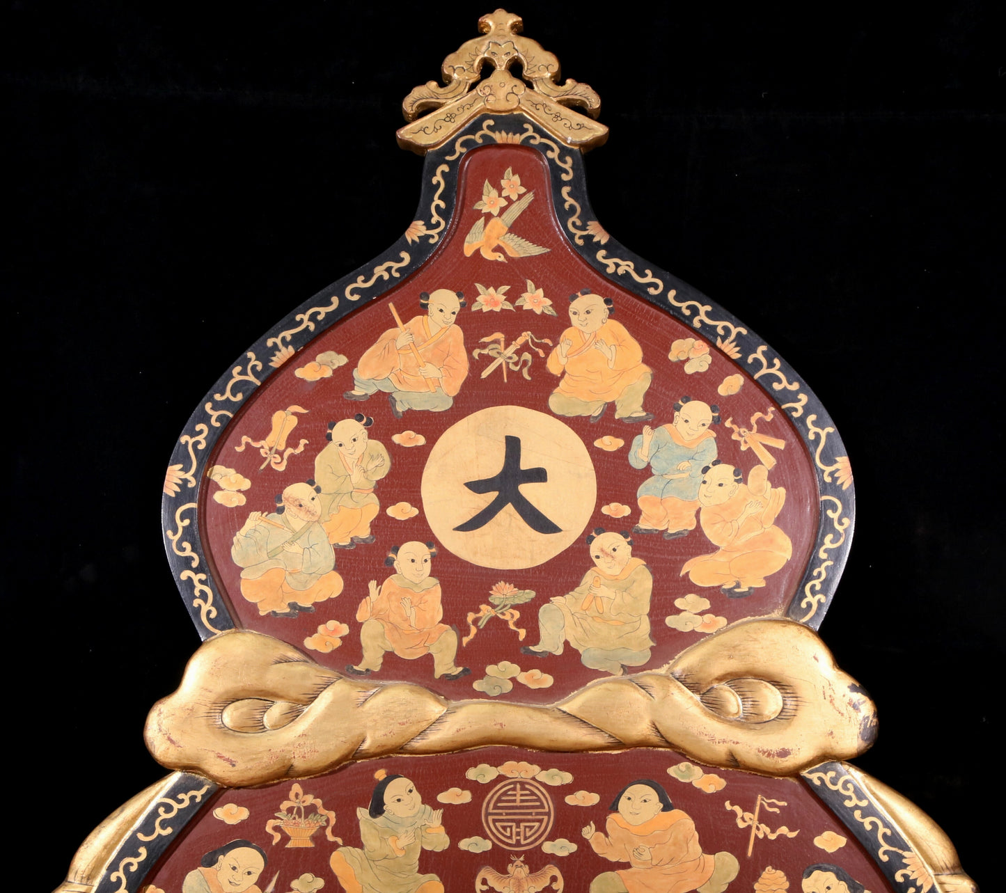 A pair of exquisite zitanwood painted figures with festive patterns and gourd hanging screens