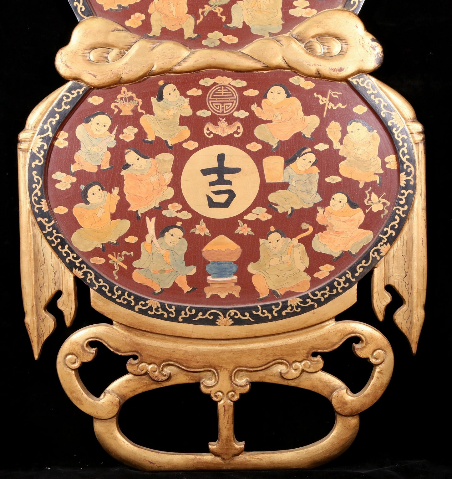 A pair of exquisite zitanwood painted figures with festive patterns and gourd hanging screens