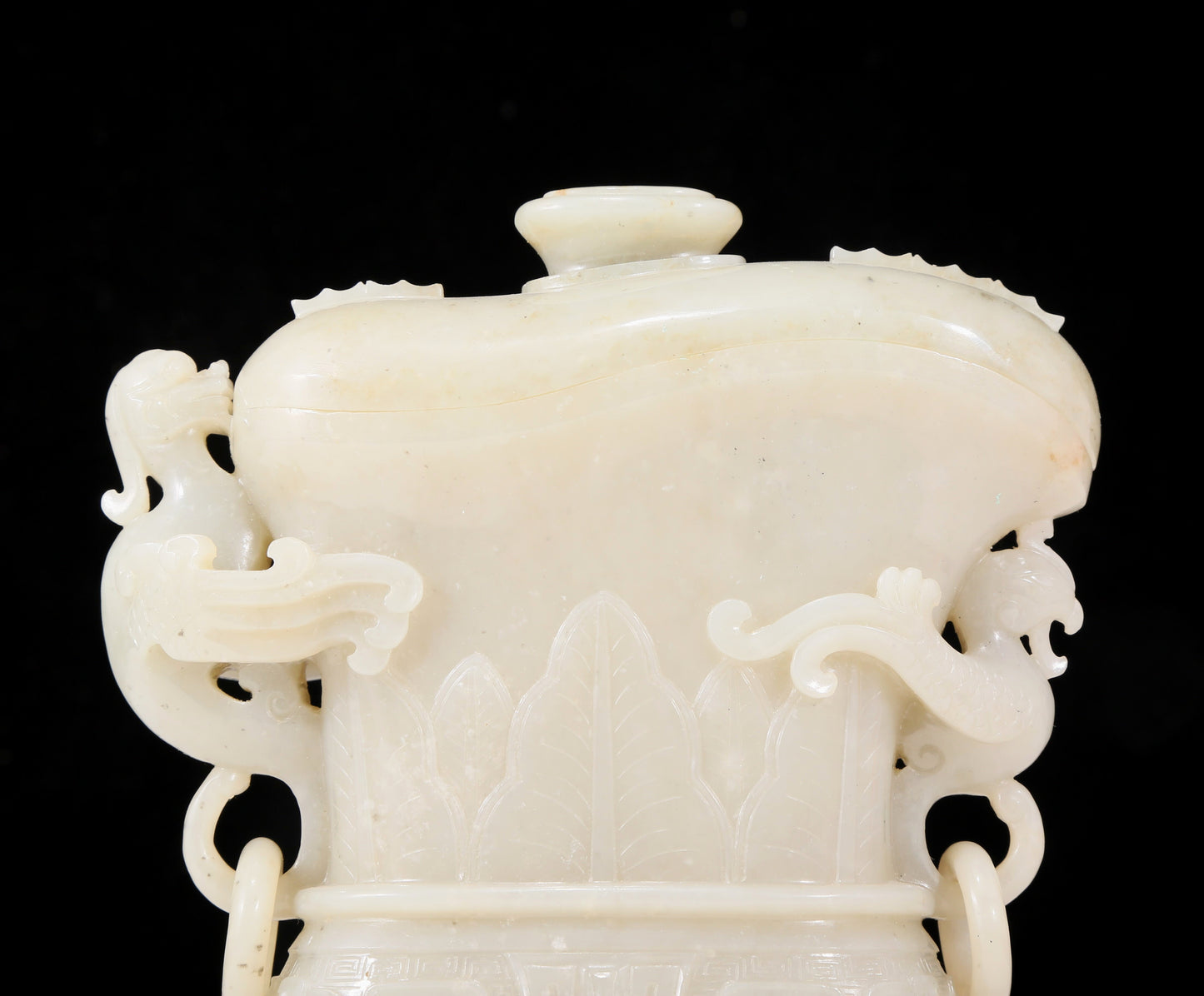 An exquisite white jade animal-faced dragon and phoenix ear bottle with lid