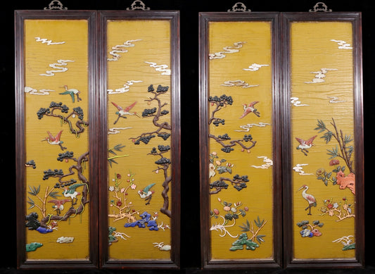 A set of exquisite zitanwood painted four-bar hanging screens inlaid with gems and flowers and birds.