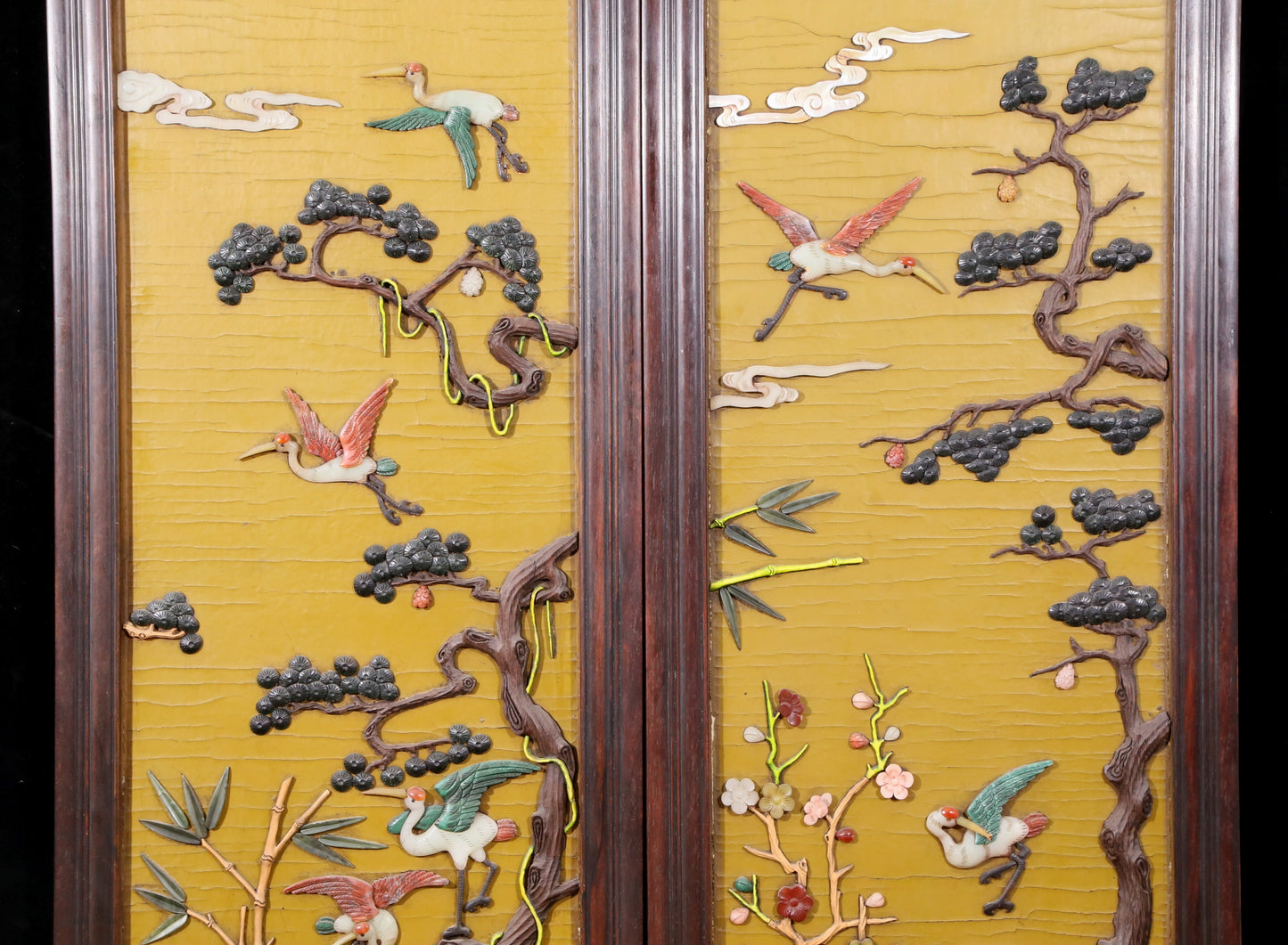 A set of exquisite zitanwood painted four-bar hanging screens inlaid with gems and flowers and birds.