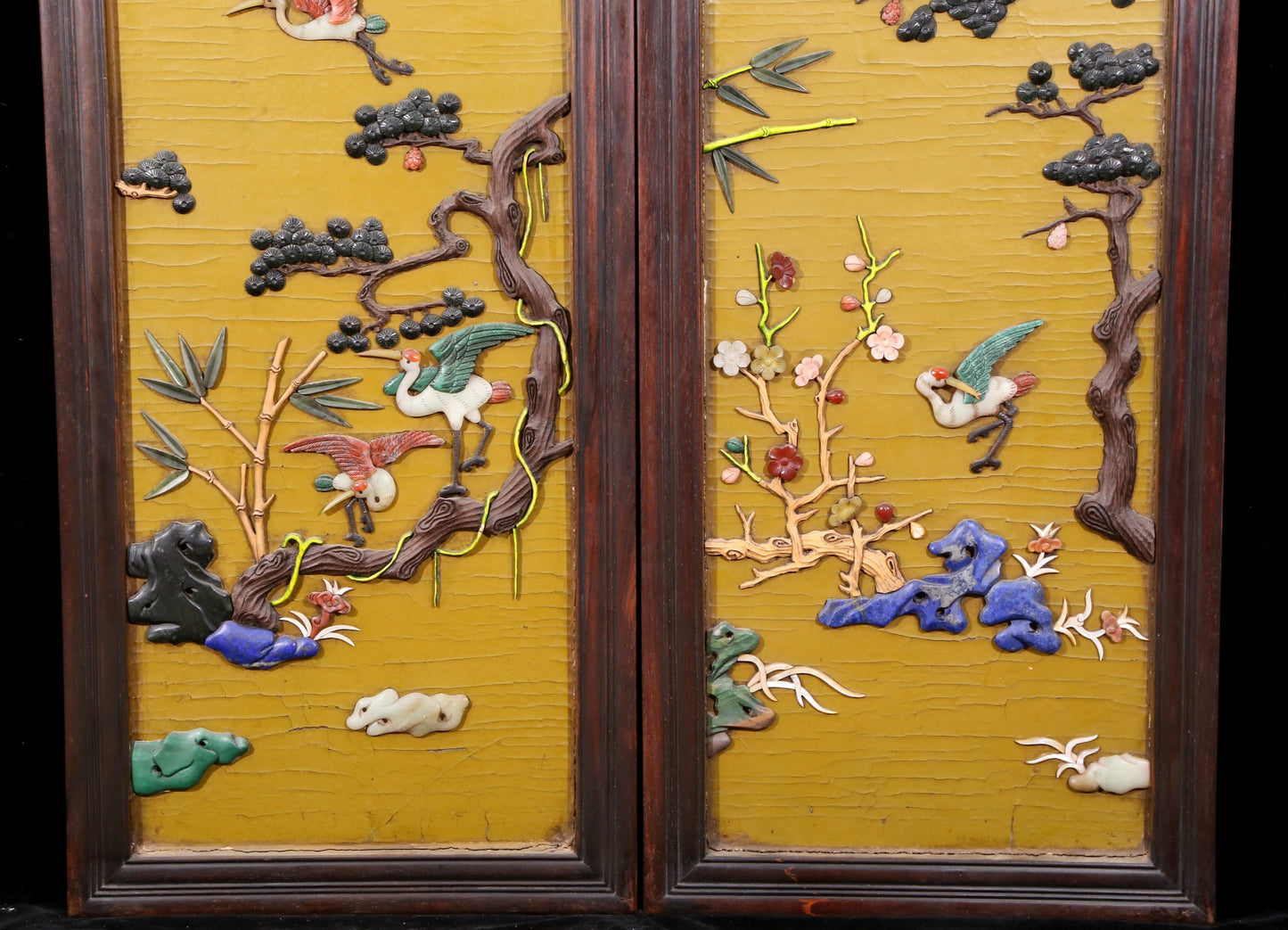 A set of exquisite zitanwood painted four-bar hanging screens inlaid with gems and flowers and birds.