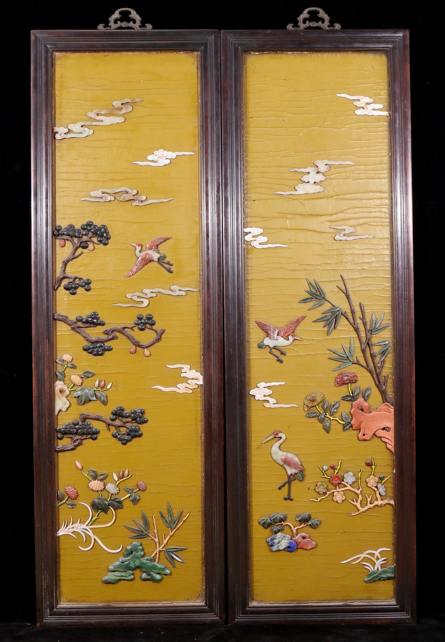 A set of exquisite zitanwood painted four-bar hanging screens inlaid with gems and flowers and birds.