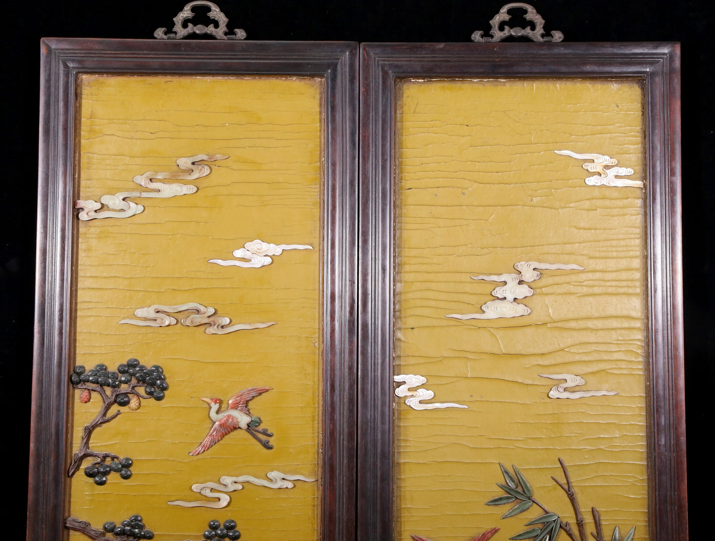 A set of exquisite zitanwood painted four-bar hanging screens inlaid with gems and flowers and birds.