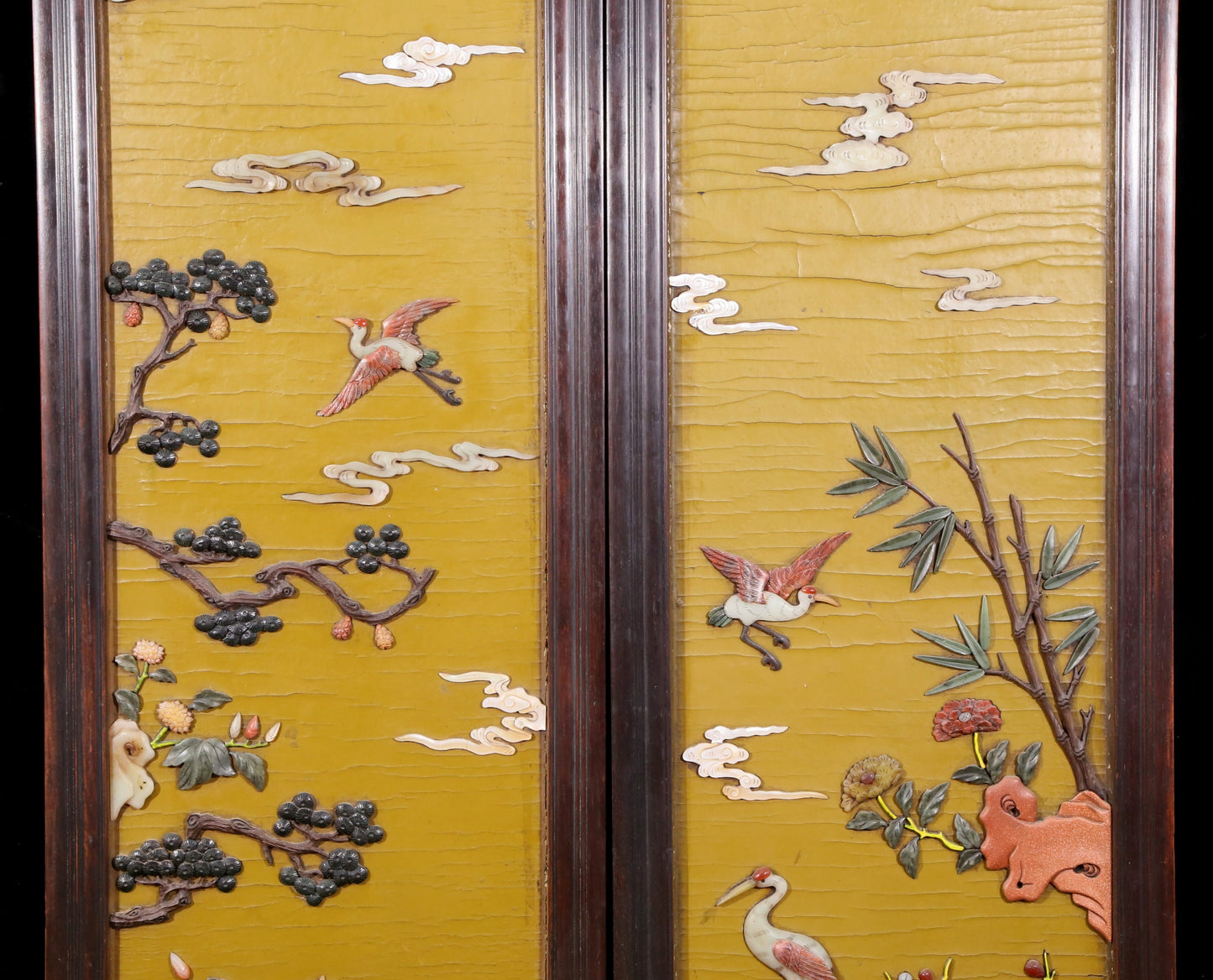 A set of exquisite zitanwood painted four-bar hanging screens inlaid with gems and flowers and birds.