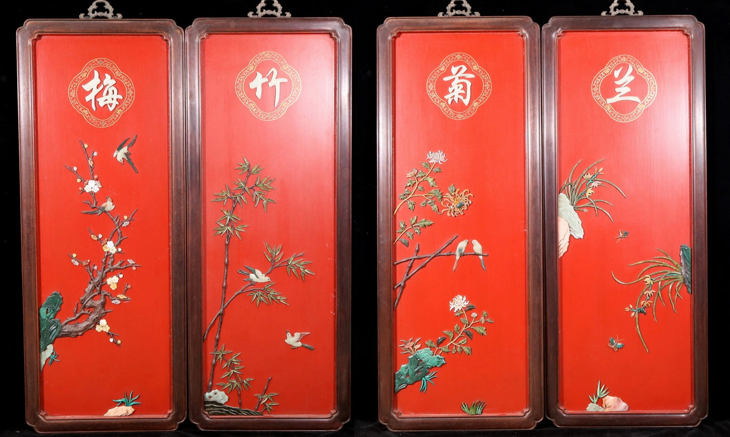 A set of exquisite zitanwood painted four-bar hanging screens inlaid with gems and flowers and birds.