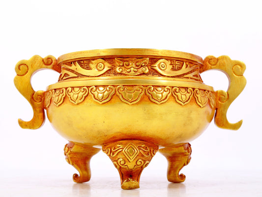 An exquisite gilt bronze censer with double ears and three legs