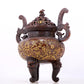 An exquisite gilt bronze censer with lotus and dragon pattern, double ears and three legs with lid