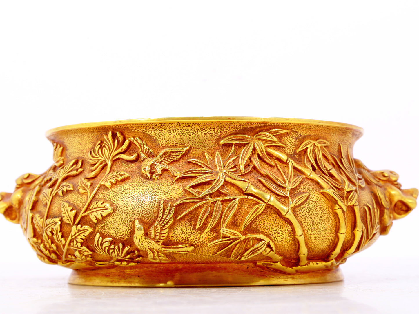 An exquisite gilt bronze animal ear censer with floral patterns